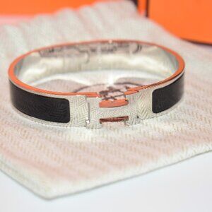 New Hermes Clic H Black Enamel Silver Bracelet, Box, Shop Bag, Pouch, Cert. Card